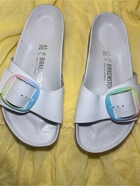 Birkenstock Madrid Big Buckle White Rainbow Leather Slide US 10 EU 41